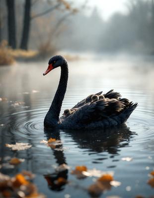 The primary subject of the image is a black swan floating on a body of water. The swan is surrounded by a serene environment, with a foggy atmosphere and a few leaves scattered around the water. The visual style of the image is a photo, capturing the beauty of the swan in its natural habitat. The colors and mood of the image are predominantly dark and moody, with the swan being the focal point of the scene.